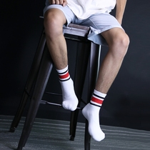 Autumn and winter mens mid-tube socks towel bottom terry thickened stripes sports pure cotton sweat-absorbing shockproof fashion white socks tide
