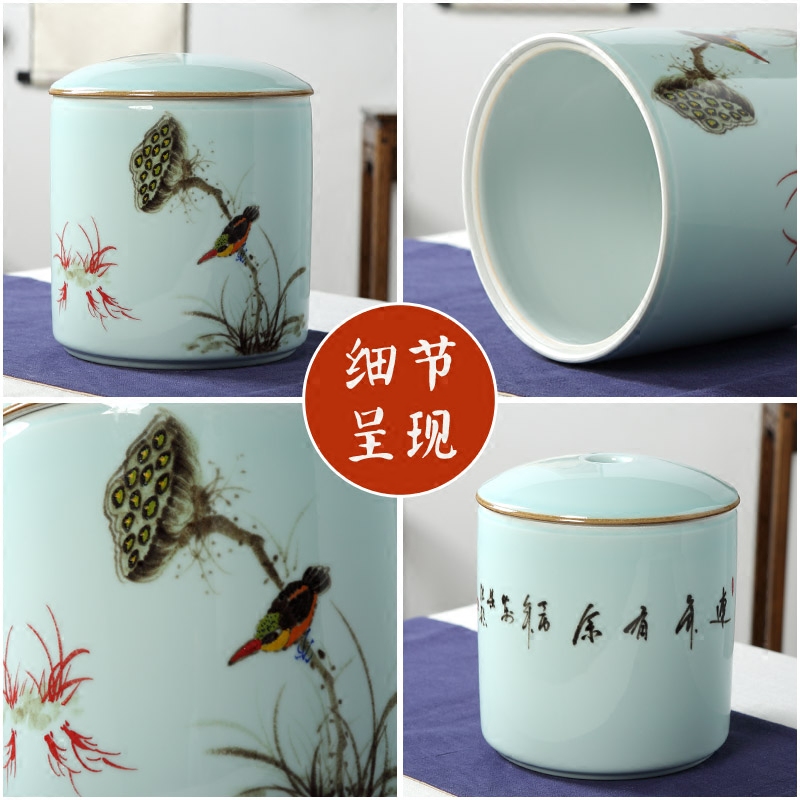 Jingdezhen ceramics storage tank furnishing articles hand - made shadow celadon pu 'er tea pot of new Chinese style household decoration