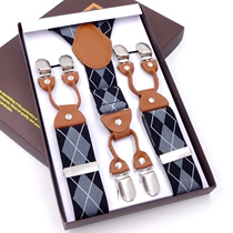 Six clips mens wide strap Fat elastic suspender belt Literary youth trousers sling non-slip 6 clips strap clip