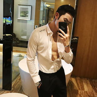 名士鲨秋季男装雅痞绅士风修身英伦纯色刺绣男士衬衫韩版衬衣青年