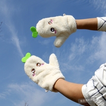 Korean touch screen Winter female cute gloves student plus velvet padded cartoon cute full finger lanyard plush riding gloves