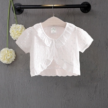 Girls short-sleeved cardigan small shawl white yarn skirt outside with sunscreen air conditioning shirt Childrens cotton shawl baby coat thin