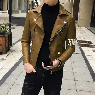 Winter trend long-sleeved lapel leather men's jacket slim Korean version of the youth handsome zipper wild jacket top