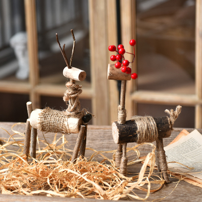 森仕原木麻绳手工小鹿摆件复古麋鹿创意圣诞鹿节日礼物家居装饰品