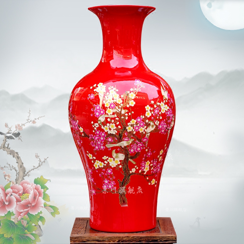 Jingdezhen ceramic Chinese red gold peony flower arranging dried vase sitting room office mesa study place adorn article