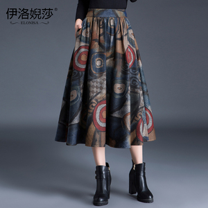 2018秋冬新款印花毛呢半身裙女长款大码毛呢中长款大摆裙a字裙冬