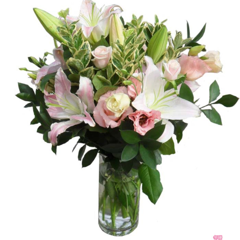 客户生日祝福花瓶插花粉玫瑰百合送花武清汉沽天津舒兰鲜花店速递