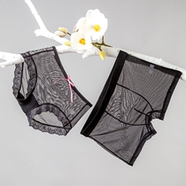 Couple underwear sexy temptation full transparent mesh lace sex underwear set womens flat corner female triangle size