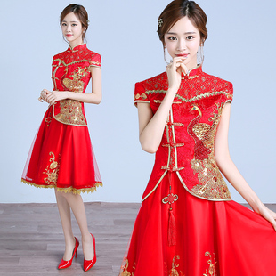 2016新款敬酒服新娘短款秀禾服红色旗袍结婚礼服女中式复古显瘦夏