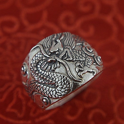 凯旺珠宝 复古手工999纯银戒指男士霸气龙戒指足银指环宽戒生肖龙
