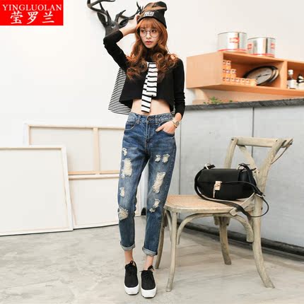 韩国少女春夏潮流薄款宽松洞洞牛仔裤破烂大洞