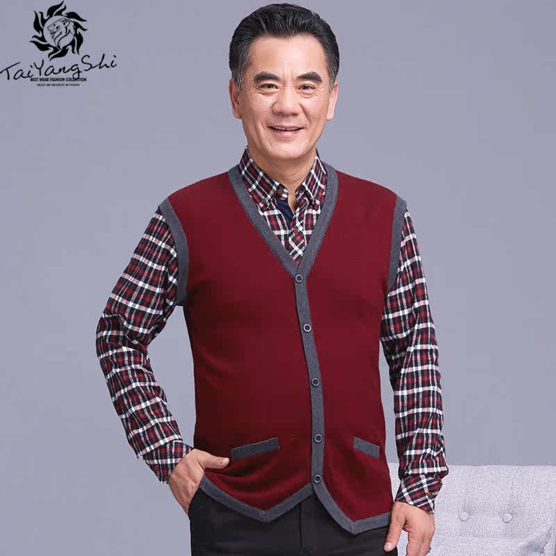 太阳狮秋冬新款男毛衣 中老年假两件拼接提花针