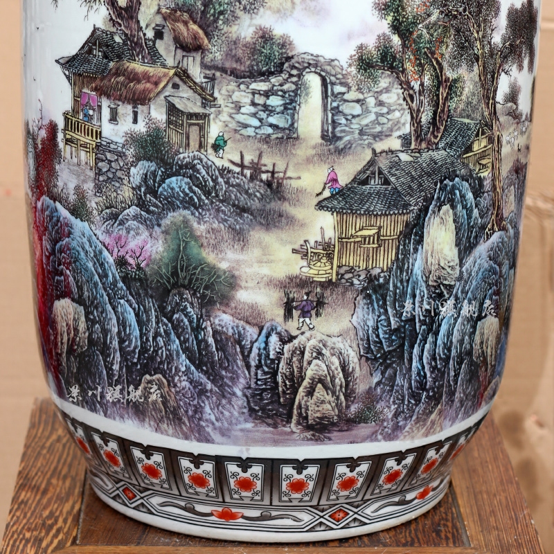 Jingdezhen ceramic color ink landscape painting misty rain jiangnan sitting room ground dry vase household furnishing articles opening gifts