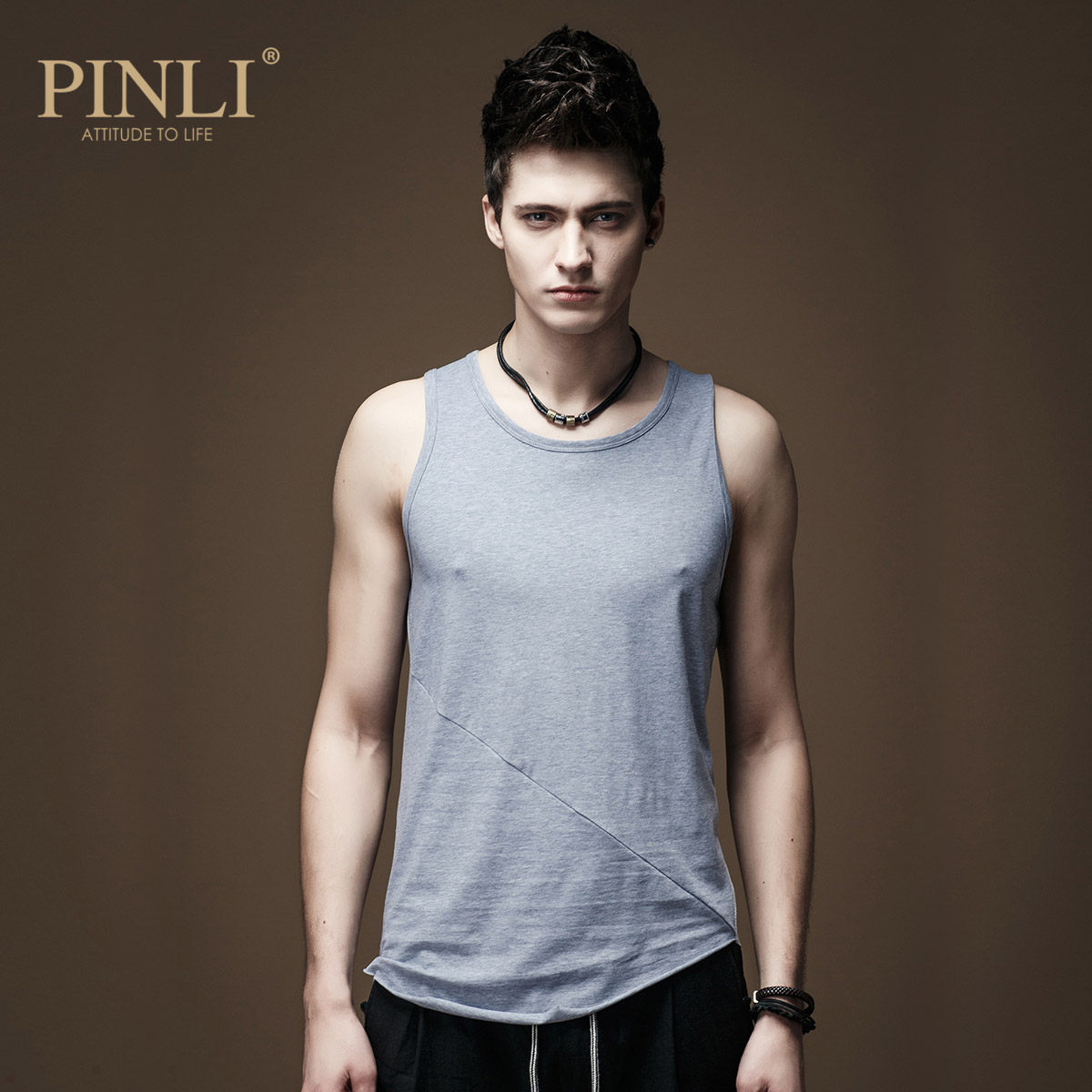 pinli品立夏季时尚男装修身纯色圆领汗背心男打底衫潮m017