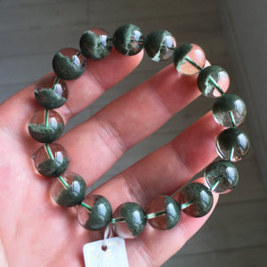 纯天然正品绿幽灵聚宝盆手链 极品墨绿色幽灵