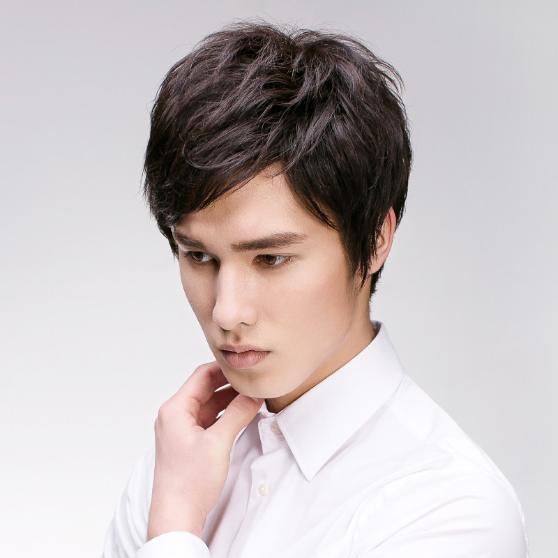 瑞贝卡时尚男士假发中老年头套短发斜刘海短直发手织逼真发套058