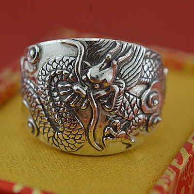 凯旺珠宝 复古手工999纯银戒指男士霸气龙戒指足银指环宽戒生肖龙