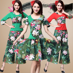 广场牛奶丝套装植物花卉新款中老年舞蹈表演舞台女广场舞套装