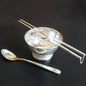 五福字 足银碗筷子勺子套装 99银碗 高档银餐具