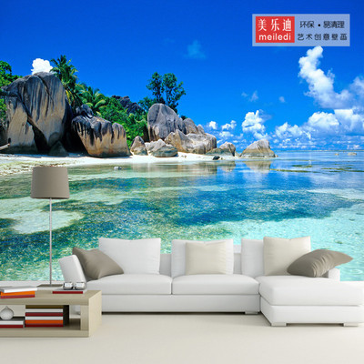 风景海景地中海壁画 3d5d8d现代简约山水壁纸 卧室沙发影视墙墙布