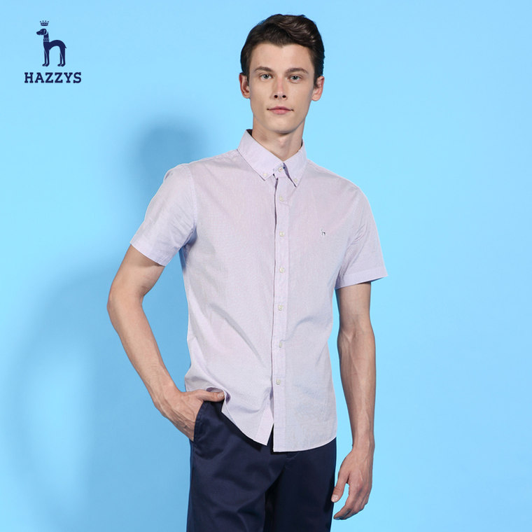 hazzys哈吉斯男士短袖衬衫夏新款 韩版修身英伦风格纹尖领衬衣潮