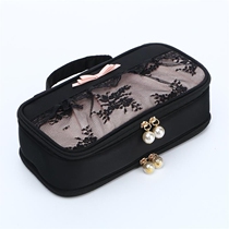 New black lace rectangular portable large cosmetic bag double-layer large capacity storage bag travel jewelry bag multi-purpose