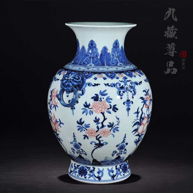 About Nine sect Buddha tasted jingdezhen ceramic antique hand - made ears lion a peach of blue and white porcelain vase furnishing articles in the living room