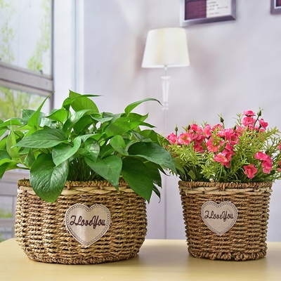 草编花篮室内桌面装饰绿植花盆田园手工藤编多肉花器创意绿萝花盆图片