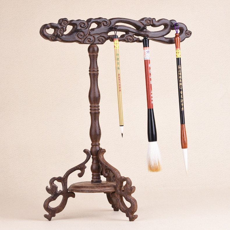 鸡翅木毛笔架三脚祥云复古式毛笔挂可挂10支毛笔文房四宝桌面摆件