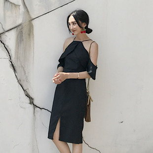 2017夏季新款韩版女装气质款削肩荷叶边开叉下摆中长款挂脖连衣裙