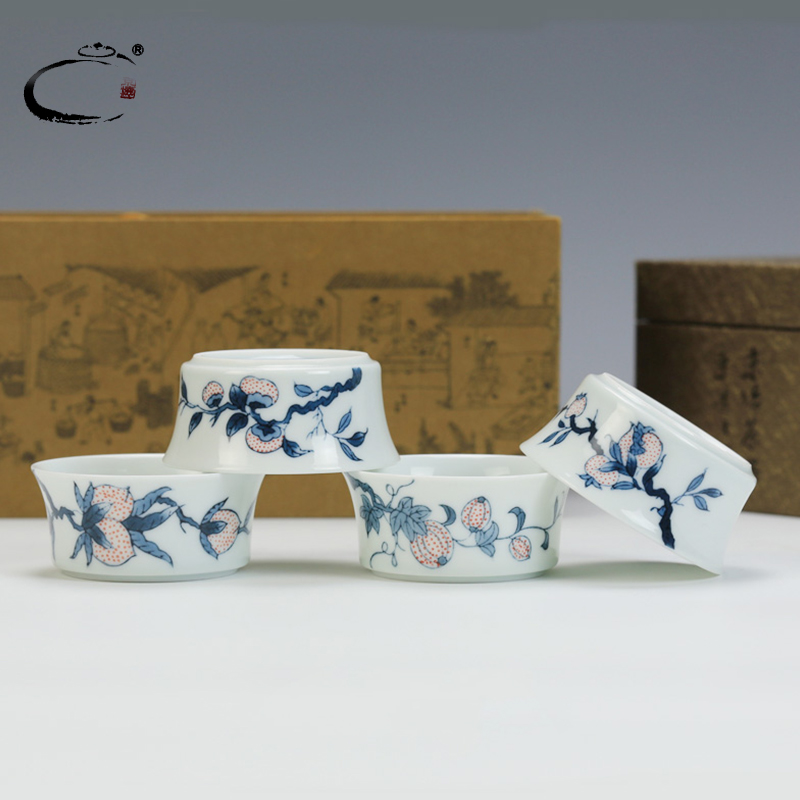 And auspicious youligong HongSi fruit four group suit jingdezhen hand - made kung fu tea cups sample tea cup