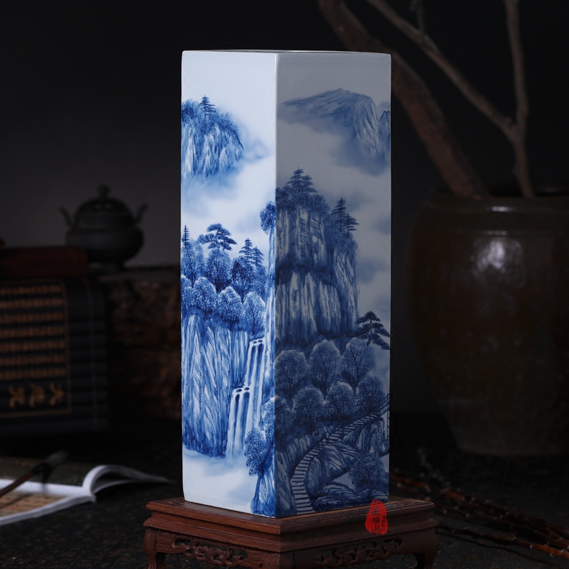 The Master of jingdezhen ceramics hand - drawn square large vases, flower blue water bridge, study of office furnishing articles