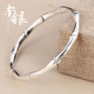 光面 中国风手工定制银手镯开口光面竹节 原创手工银饰s999足银复古