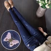 High-waisted jeans womens small feet pencil autumn plus velvet 2020 new Korean embroidery stretch slender pants