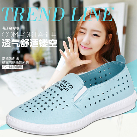 2016夏季透气网鞋女真皮小白鞋镂空平底乐福