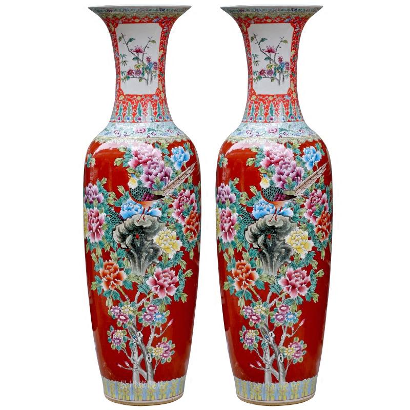 Chinese red hand - made of golden pheasant vase peony flower arranging landing big jingdezhen ceramic guest modern Chinese style household furnishing articles