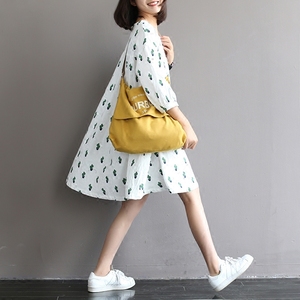 灯笼袖仙人球印花连衣裙