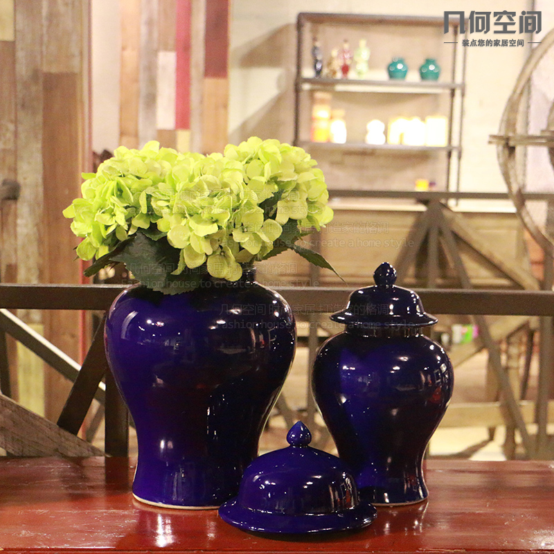 In the geometry space of jingdezhen ceramics single general glaze sapphire blue pot vase is contracted and I and fashionable furnishing articles