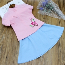 Girls vintage ethnic clothing short sleeve cotton cheongsam two-piece set 2020 Summer baby embroidered top skirt