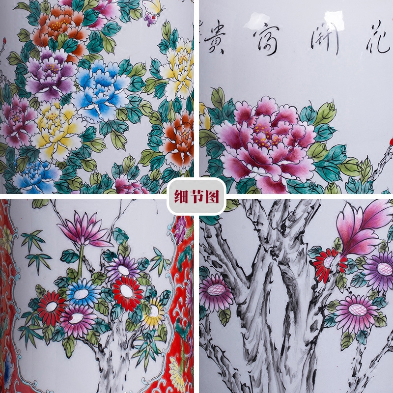 Jingdezhen ceramics powder enamel handpainted big vase landed large sitting room the hotel Chinese style adornment is placed at the feel