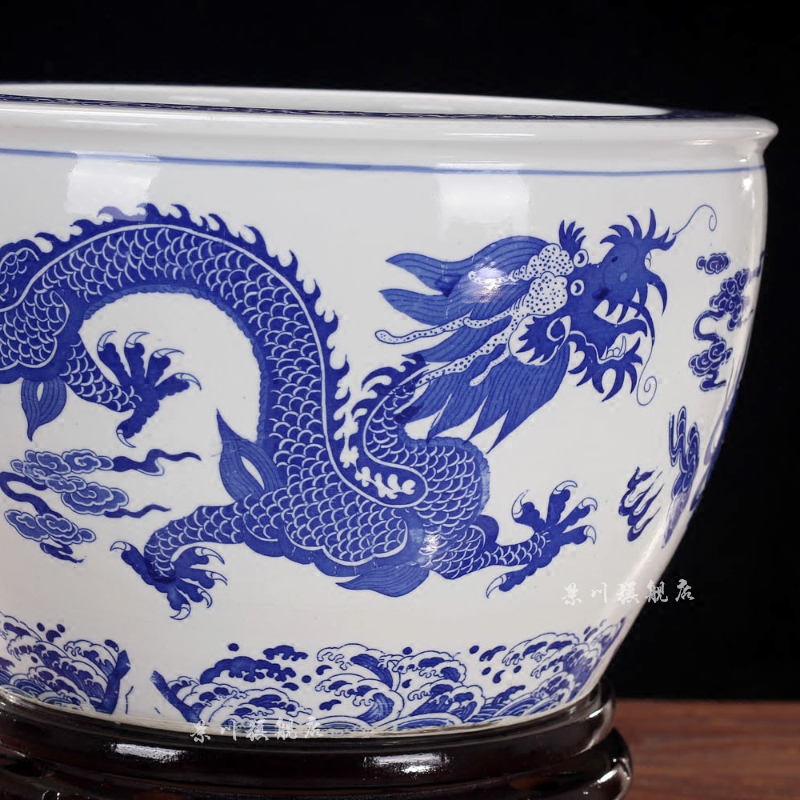 Jingdezhen ceramics brocade carp goldfish bowl water lily blue and white porcelain dragon lotus tortoise cylinder household adornment furnishing articles