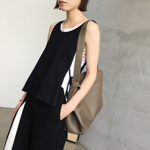 2件包邮 叠穿既视感!宽松假两件无袖圆领背心凉快系带黑白t恤