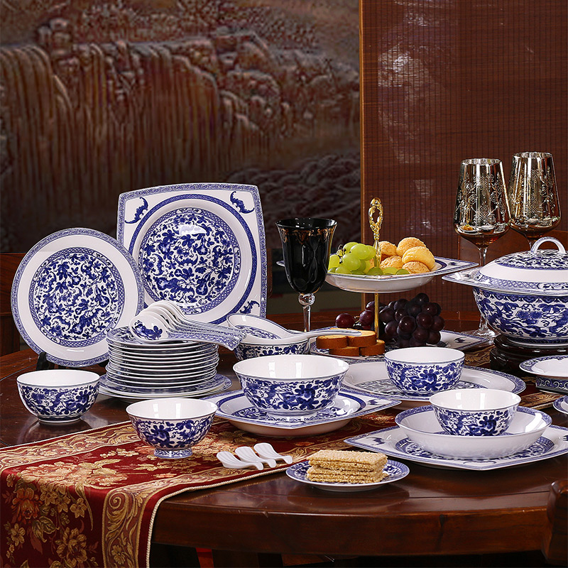 Red xin ceramic household of Chinese style dishes suit jingdezhen blue and white porcelain tableware portfolio ipads bowls plates gifts