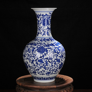 摆件 景德镇陶瓷器 古典中式家居工艺品摆件 大号缠枝莲青花瓷花瓶