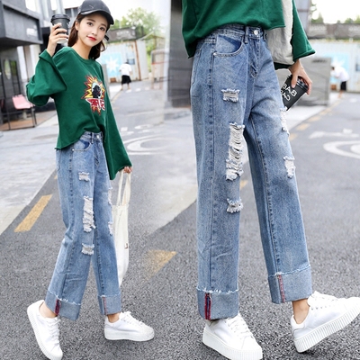 宽腿裤女牛仔