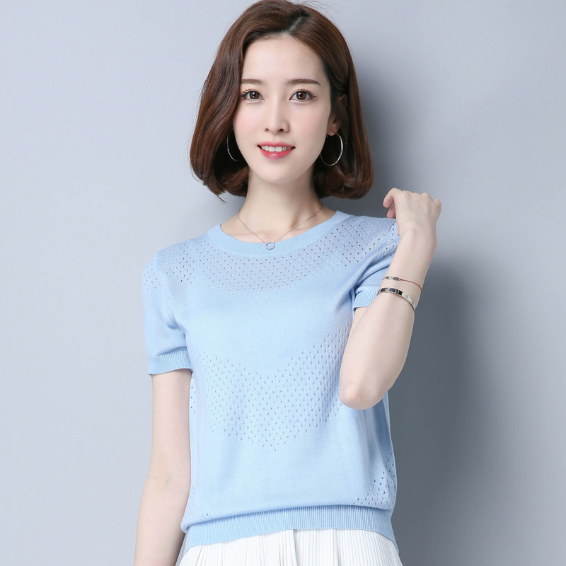镂空针织衫套头半袖2017夏季新款冰丝t恤女短袖宽松韩范短装上衣