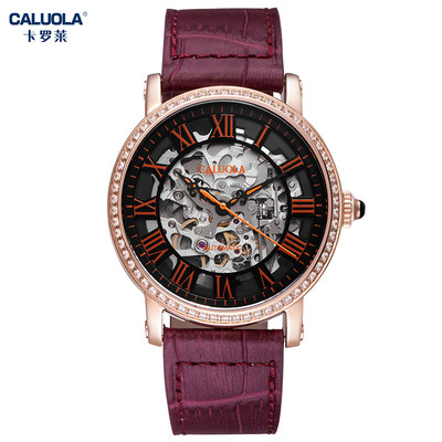 卡罗莱女士手表女全自动机械表镂空真皮带时尚潮流防水大表盘女表_2