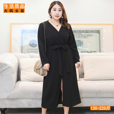 大码女装胖mm职场白领长款性感v领腰带前开叉简约知性优雅连衣裙