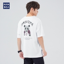 Hanska Crewneck Short Sleeve T-Shirt Mens 2022 Summer Cartoon Print Loose Casual Trend Cotton Half-Sleeve Top