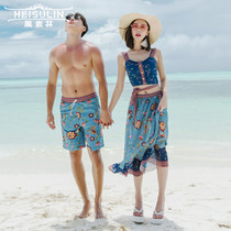 Couple swimsuit three-piece backless dark blue print beach swimsuit Korea new honeymoon split hot spring set women